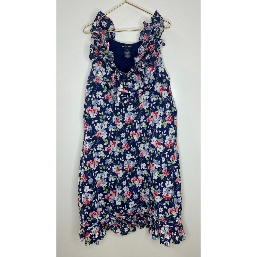 Ralph Lauren Girls Navy Blue Pink Floral Ruffle Cotton Sundress Size 16 Kids - Picture 2 of 11